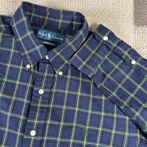 Ralph Lauren Classic Fit Plaid Button Down Shirt Mens L Navy Yellow Green